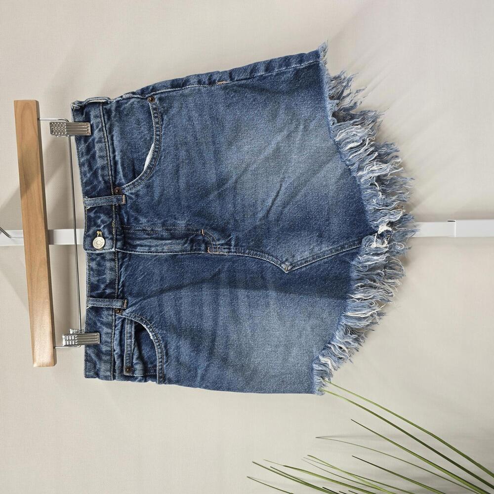 We The Free Free People Blue Denim Mini Skirt Frayed Raw Hem Size 26 Distressed